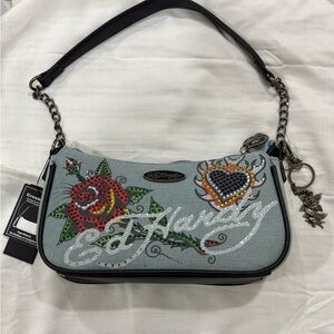 Ed Hardy Crossbody Denim Purse  Rhinstone Tatt Floral Hearts Y2K Embroidered NWT